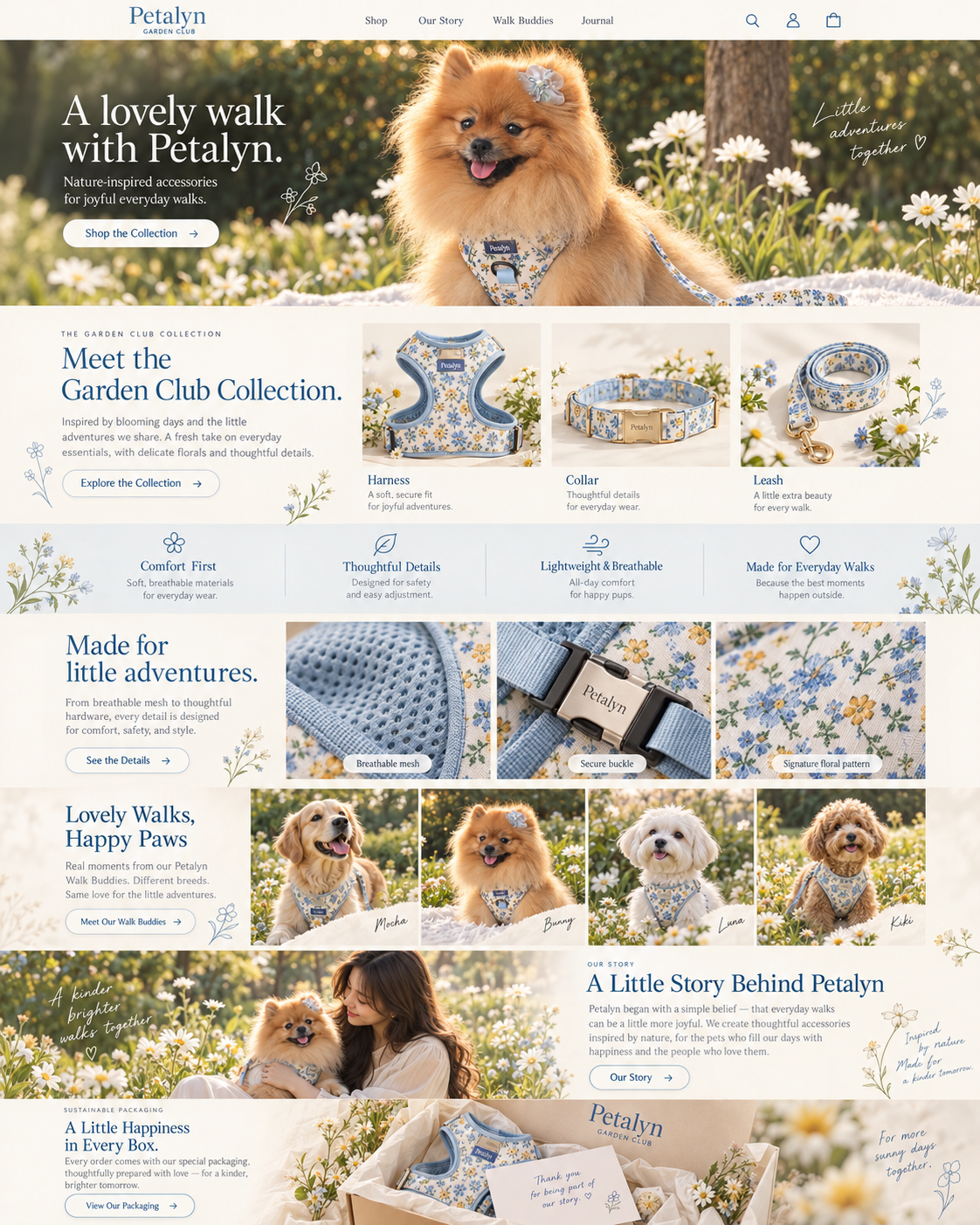 A Pomeranian wearing the Petalyn floral harness in a sunlit daisy garden