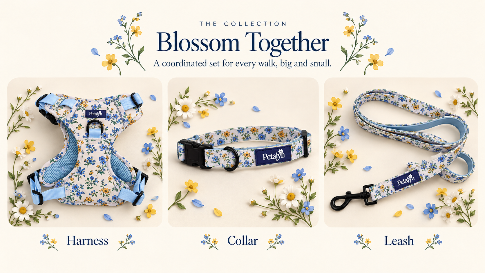 Petalyn floral harness with sky-blue straps