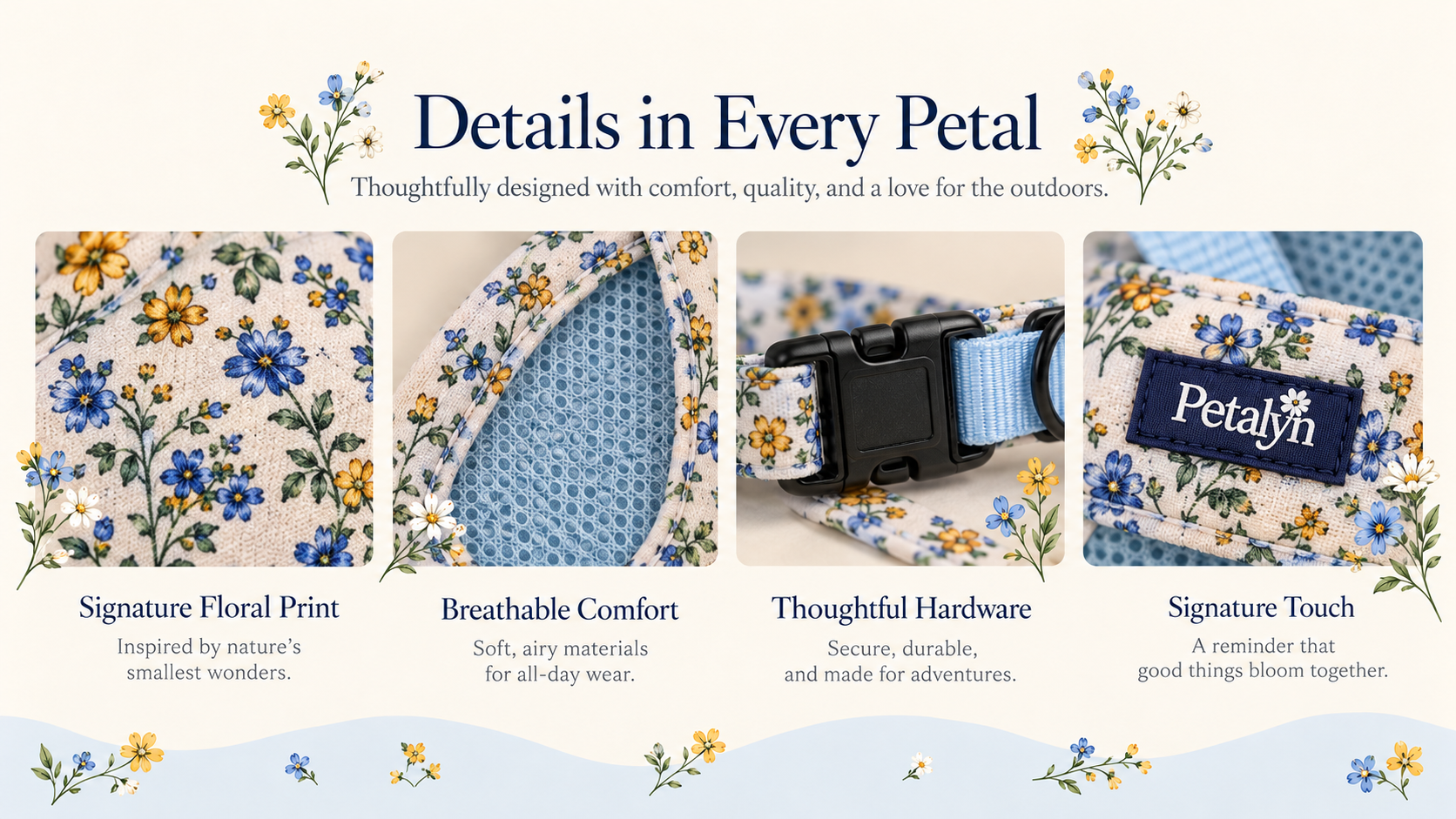 Sky-blue mesh lining and floral trim